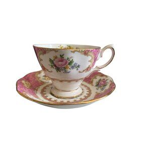 Royal Albert Bone China Pink & White Floral Teacup & Saucer Set - Lady Carlyle